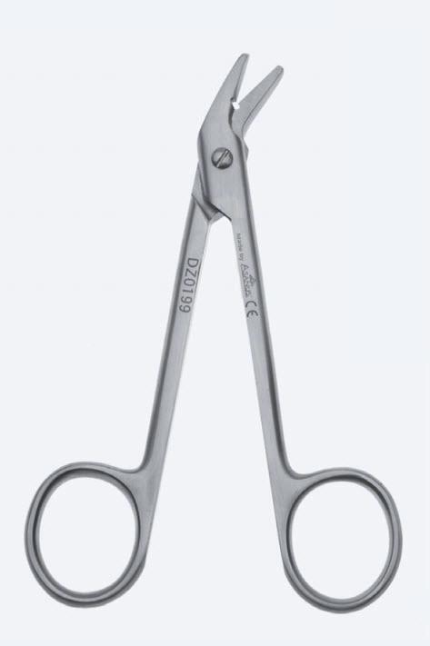 Ножиці для дроту та пластин, для дроту до діаметр 1,2 мм, вигнуті, під кутом, тупокінцеві, загальна довжина 130 мм. Бренд - Asanus Medizintechnik Gmb, Німеччина